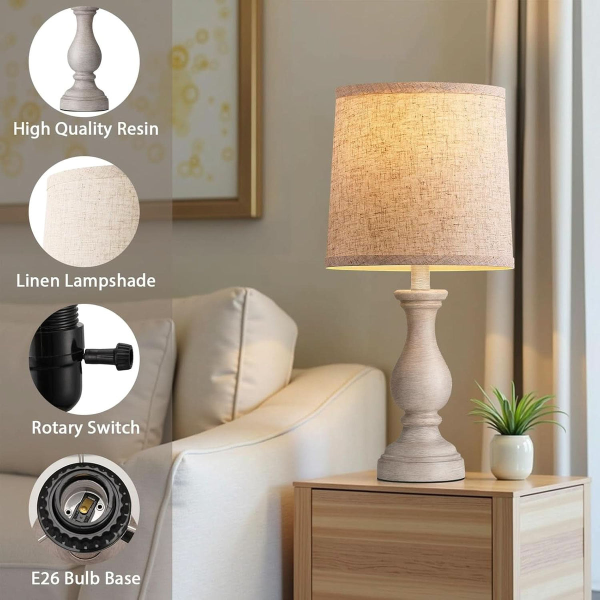 22-Inch Rustic Farmhouse Table Lamps with Linen Shades — Set of 2