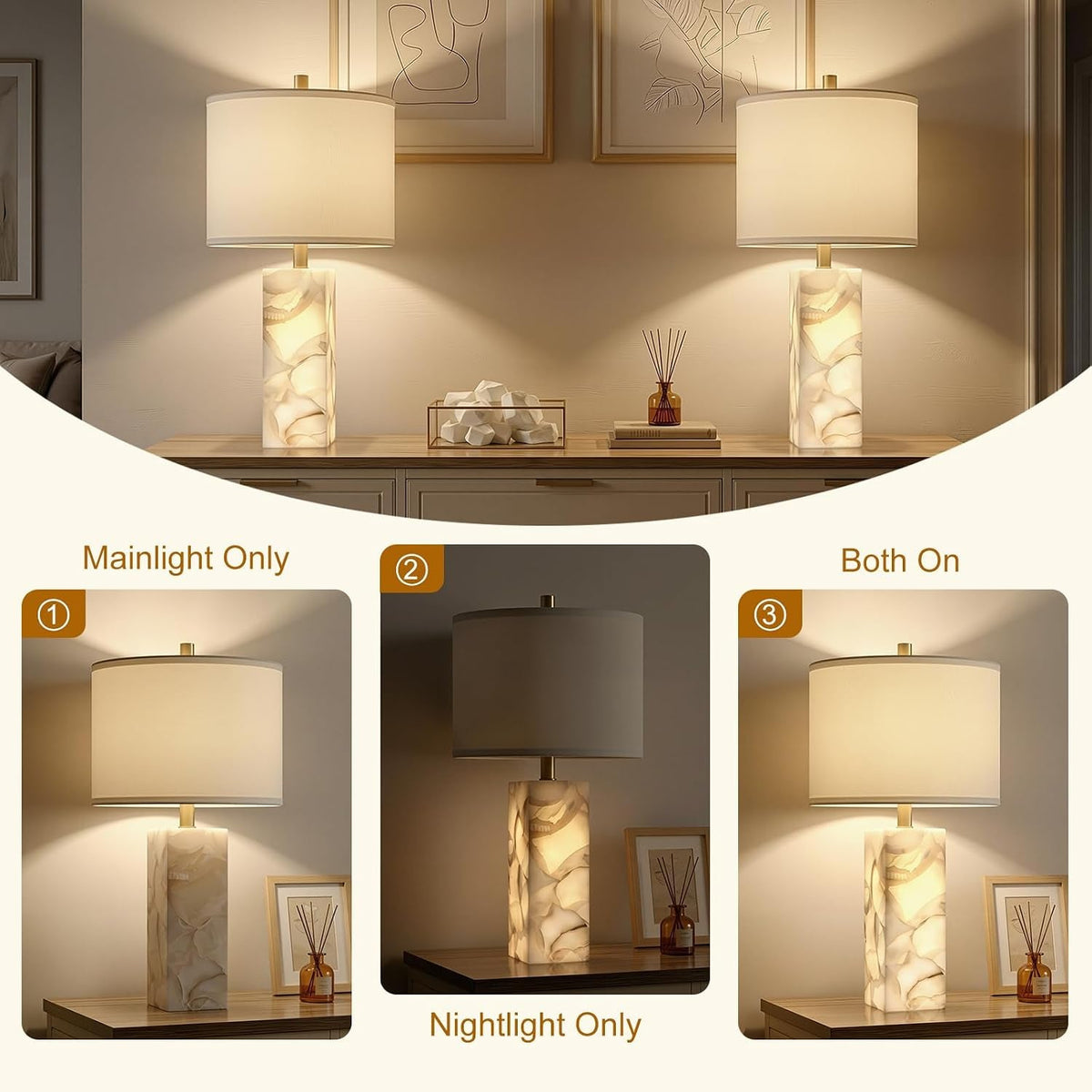 23-Inch White Alabaster Table Lamps with Nightlight — Set of 2