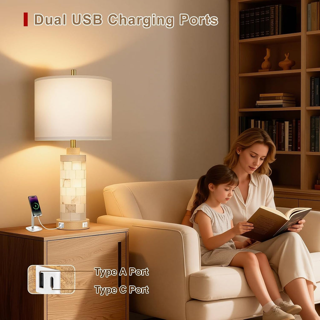 27-Inch Alabaster & Wood Table Lamps with Nightlight — Set of 2