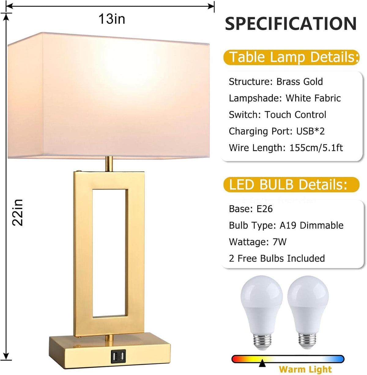 22-Inch Gold & White Table Lamps — Set of 2
