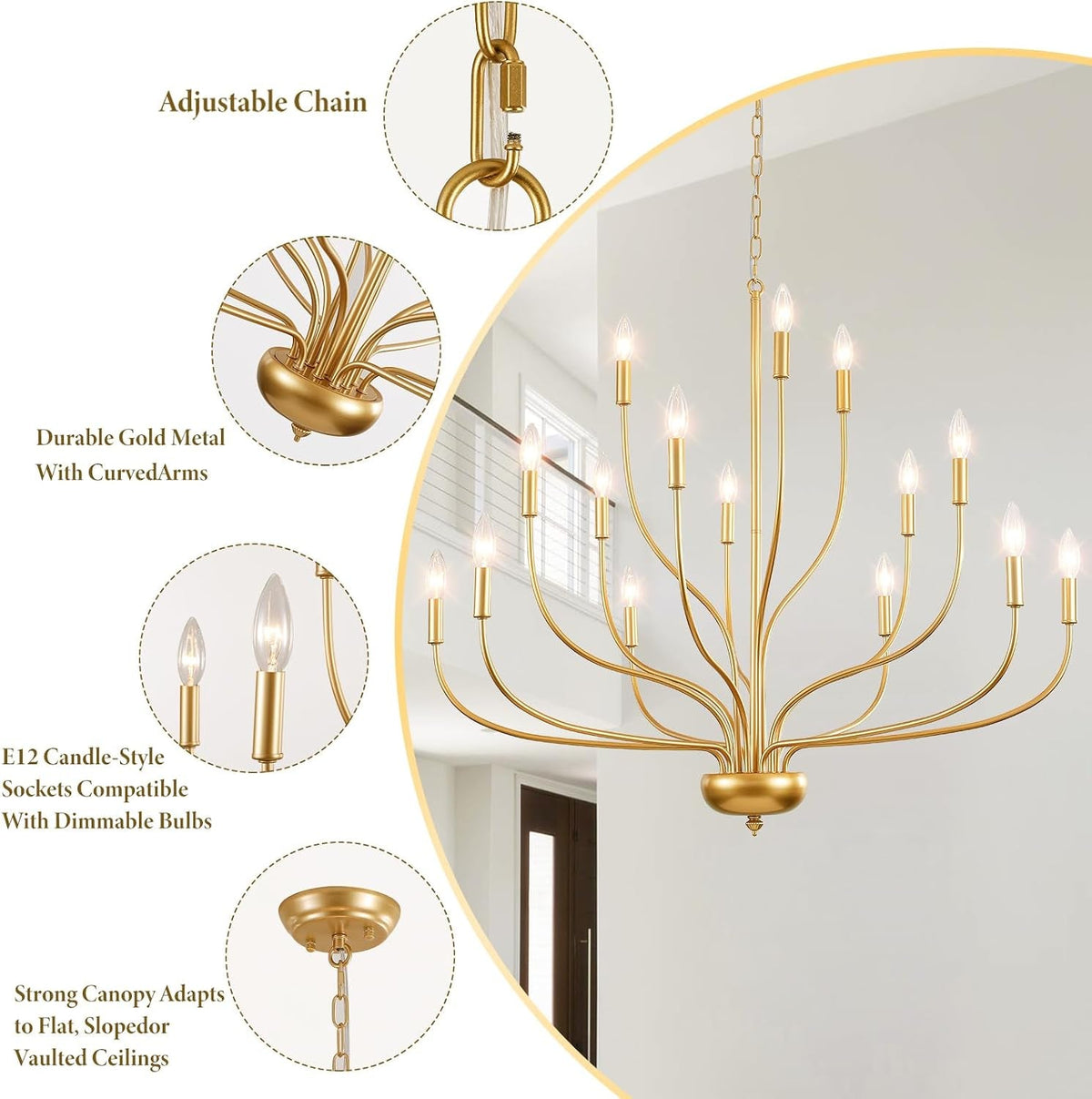 Modern Farmhouse Brass Gold Candle Style Chandelier