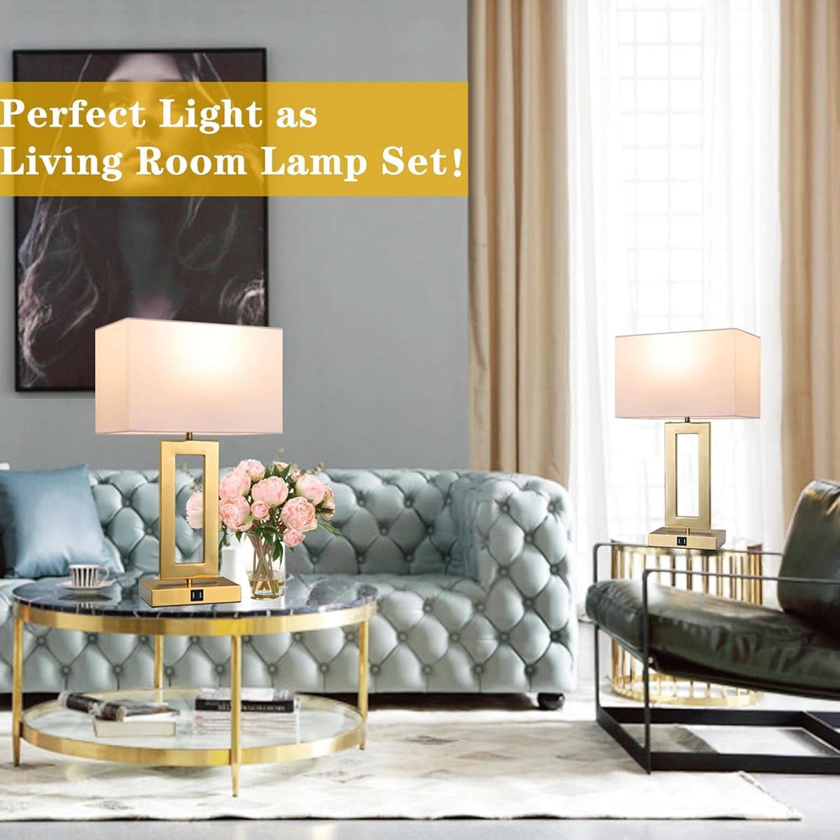 22-Inch Gold & White Table Lamps — Set of 2