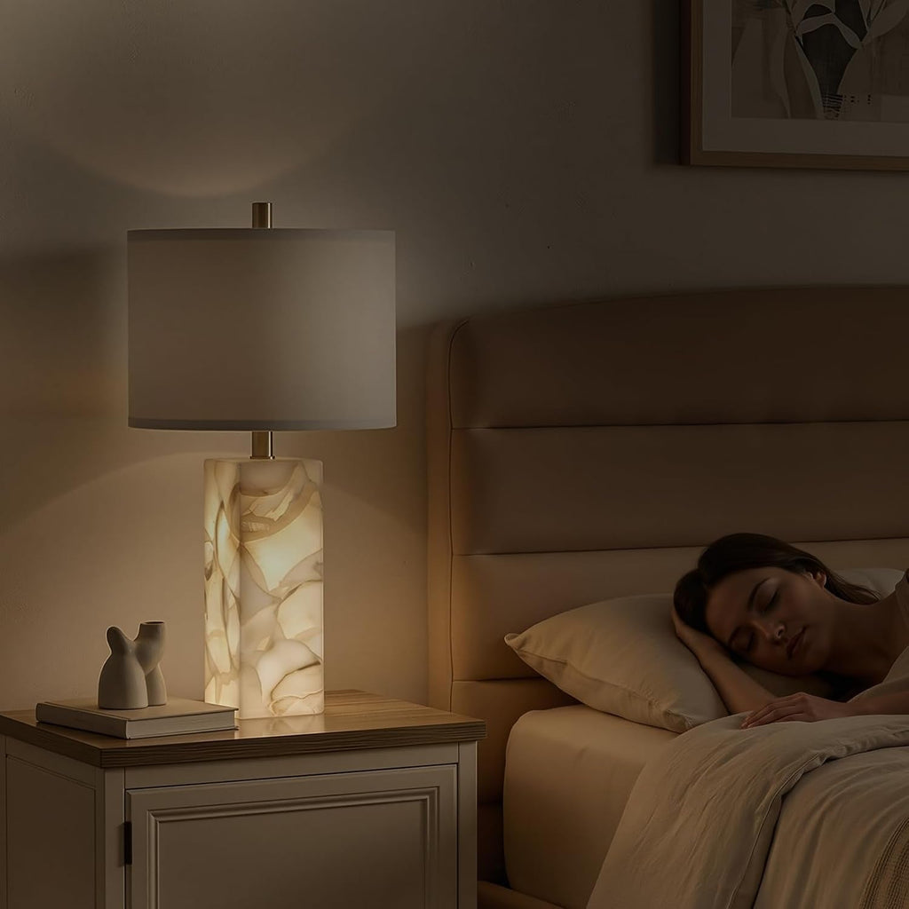 23-Inch White Alabaster Table Lamps with Nightlight — Set of 2