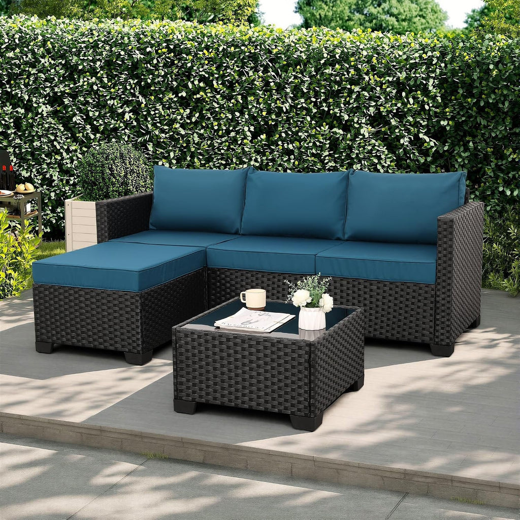 Outdoor Wicker Furniture Set Peacock Blue Cushions