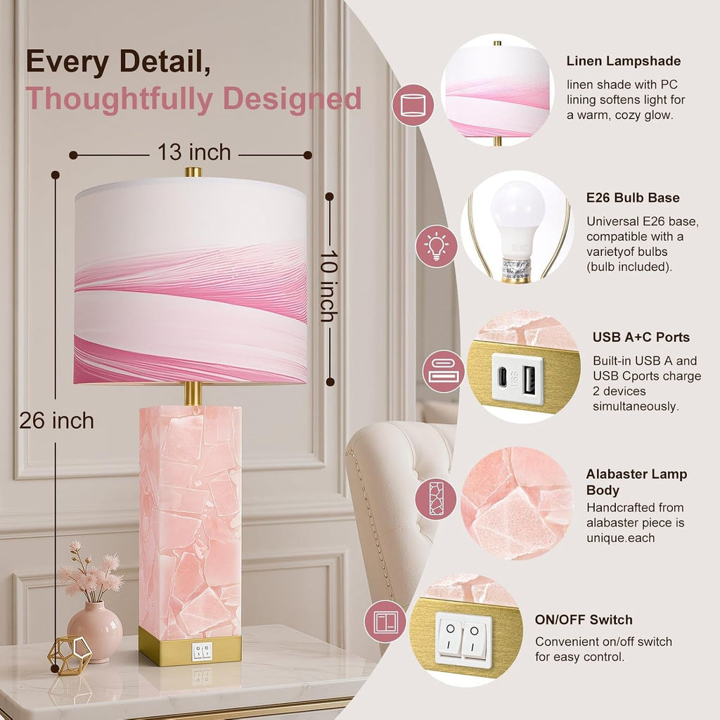 Pink Alabaster Table Lamps Pair With Nightlight