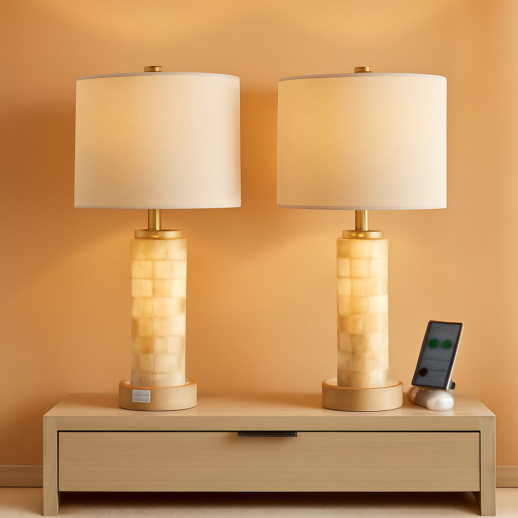 27-Inch Alabaster & Wood Table Lamps with Nightlight — Set of 2
