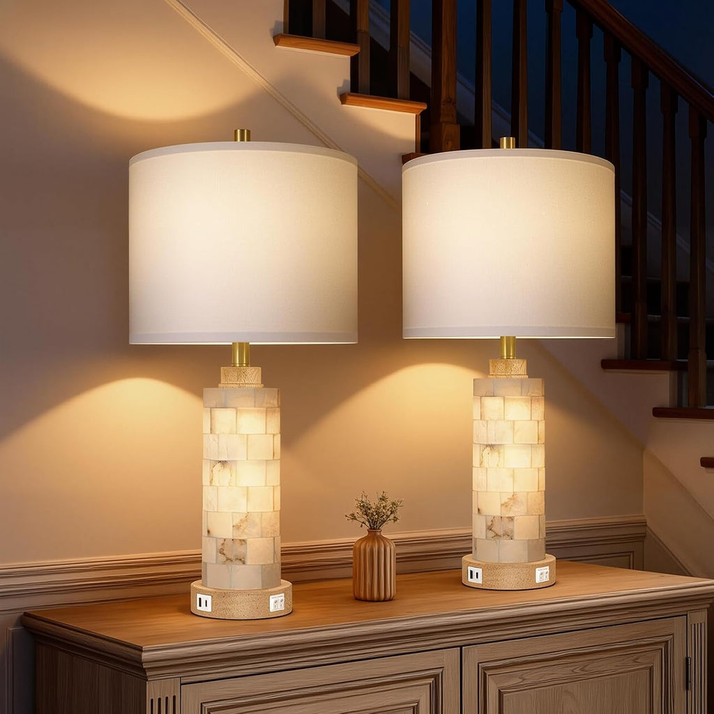 27-Inch Alabaster & Wood Table Lamps with Nightlight — Set of 2