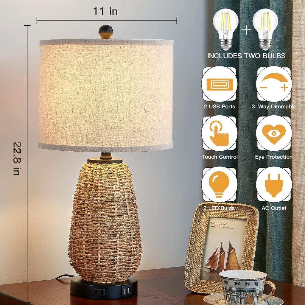 Dimmable Rattan Touch Control Bedroom Table Lamps