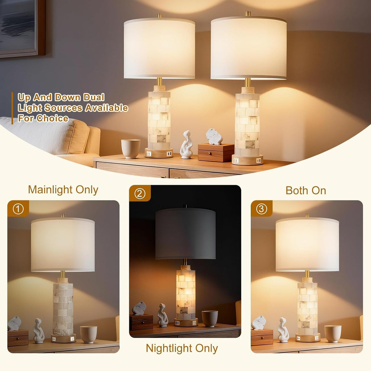 27-Inch Alabaster & Wood Table Lamps with Nightlight — Set of 2