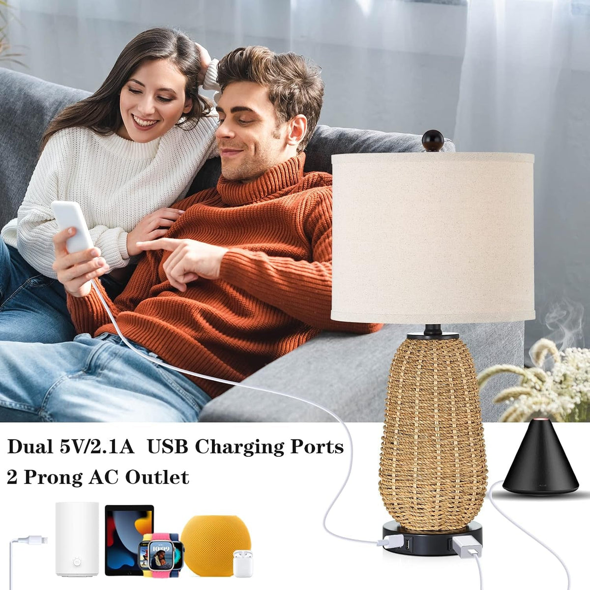Dimmable Rattan Touch Control Bedroom Table Lamps