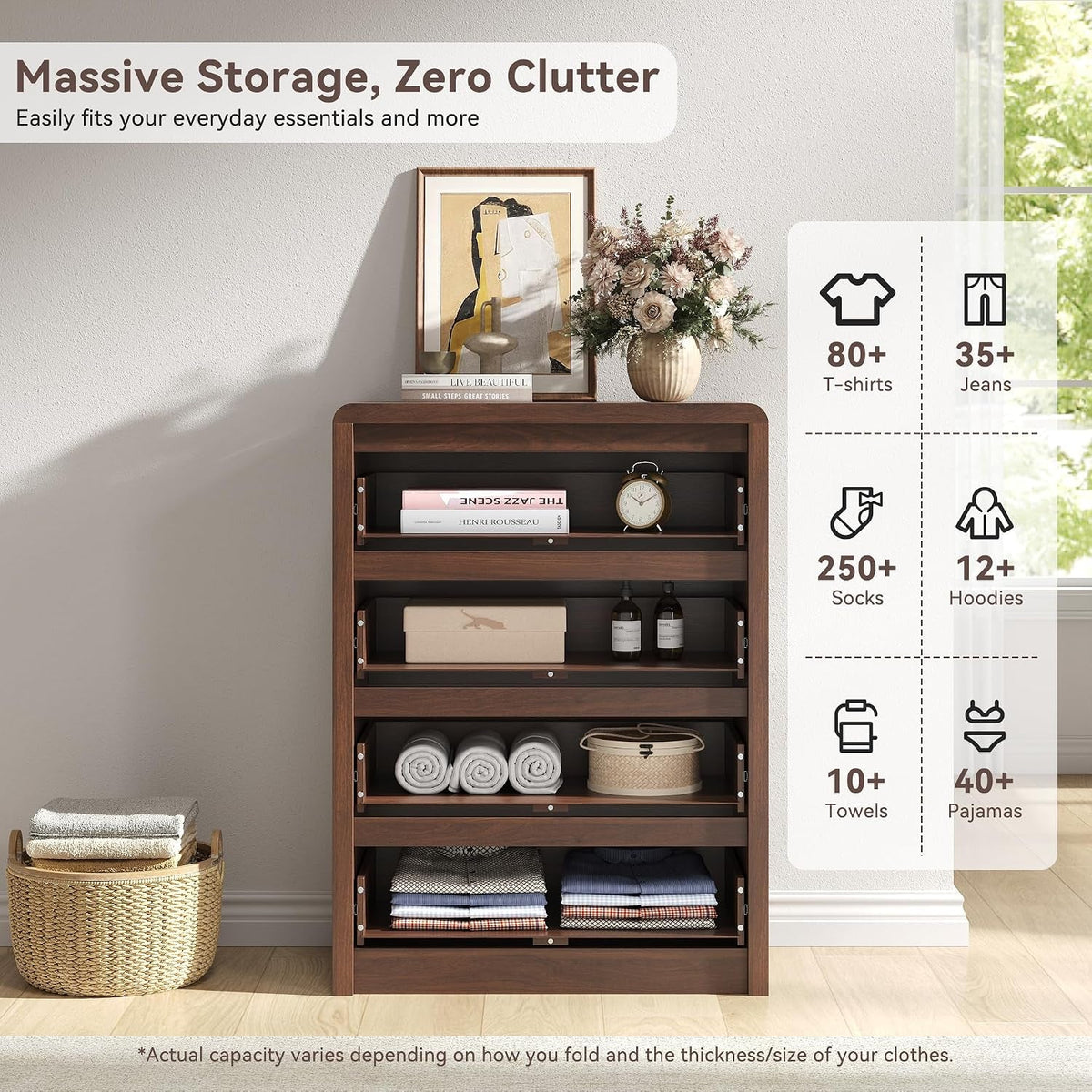 Walnut Fluted Four Drawer Bedroom Furniture Dresser