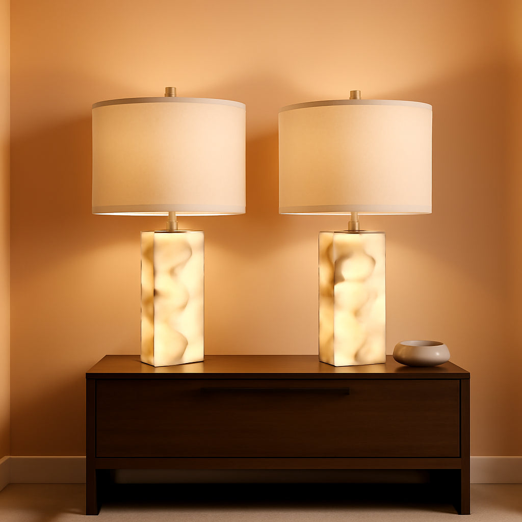 23-Inch White Alabaster Table Lamps with Nightlight — Set of 2
