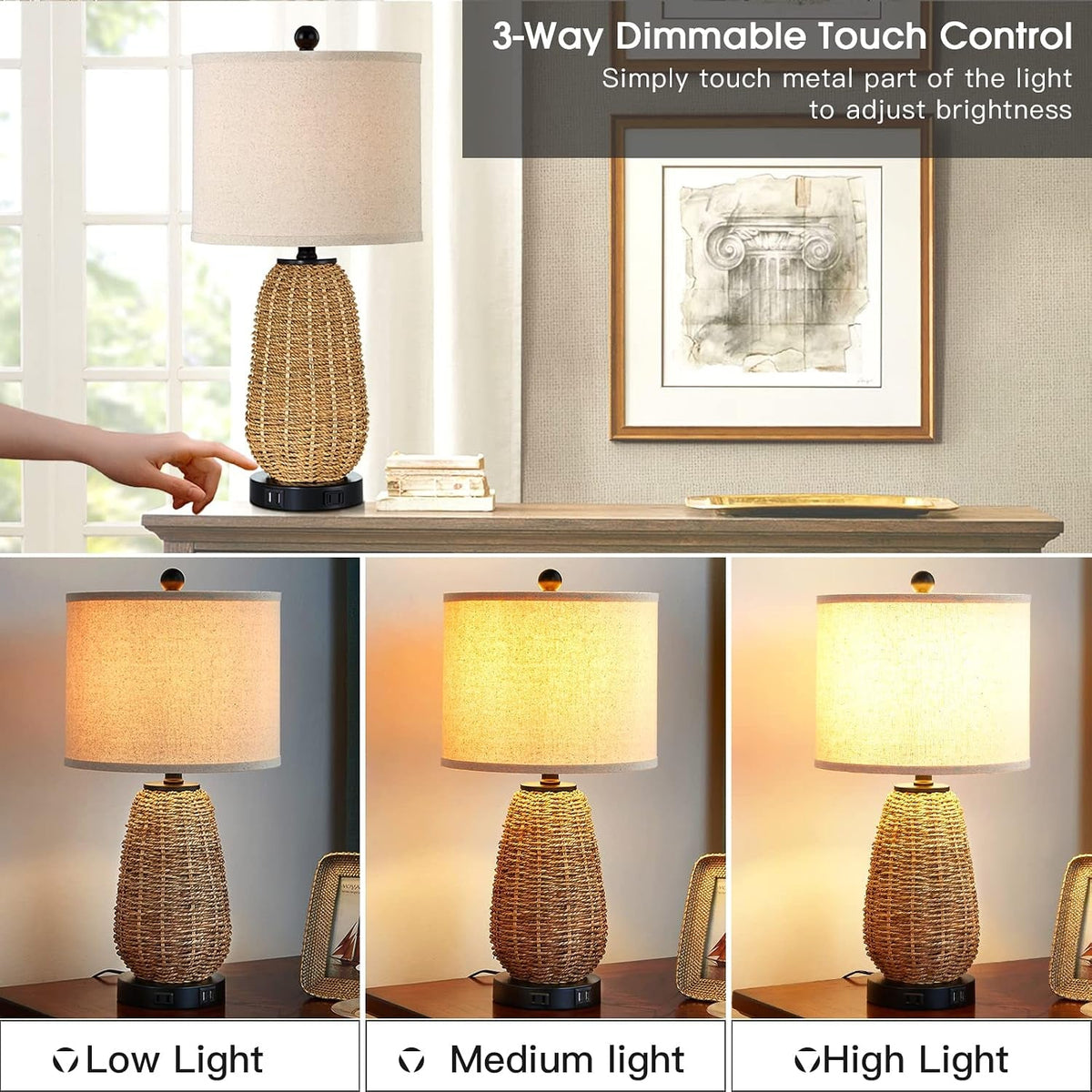 Dimmable Rattan Touch Control Bedroom Table Lamps