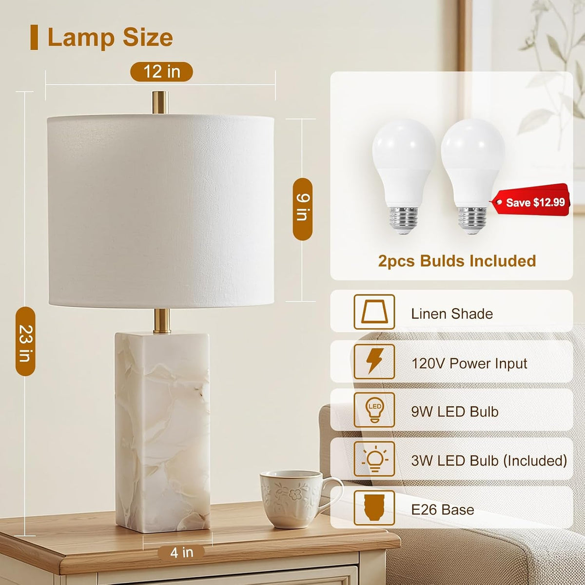 23-Inch White Alabaster Table Lamps with Nightlight — Set of 2