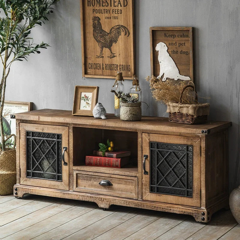 Retro Solid Wood TV Cabinet with Storage