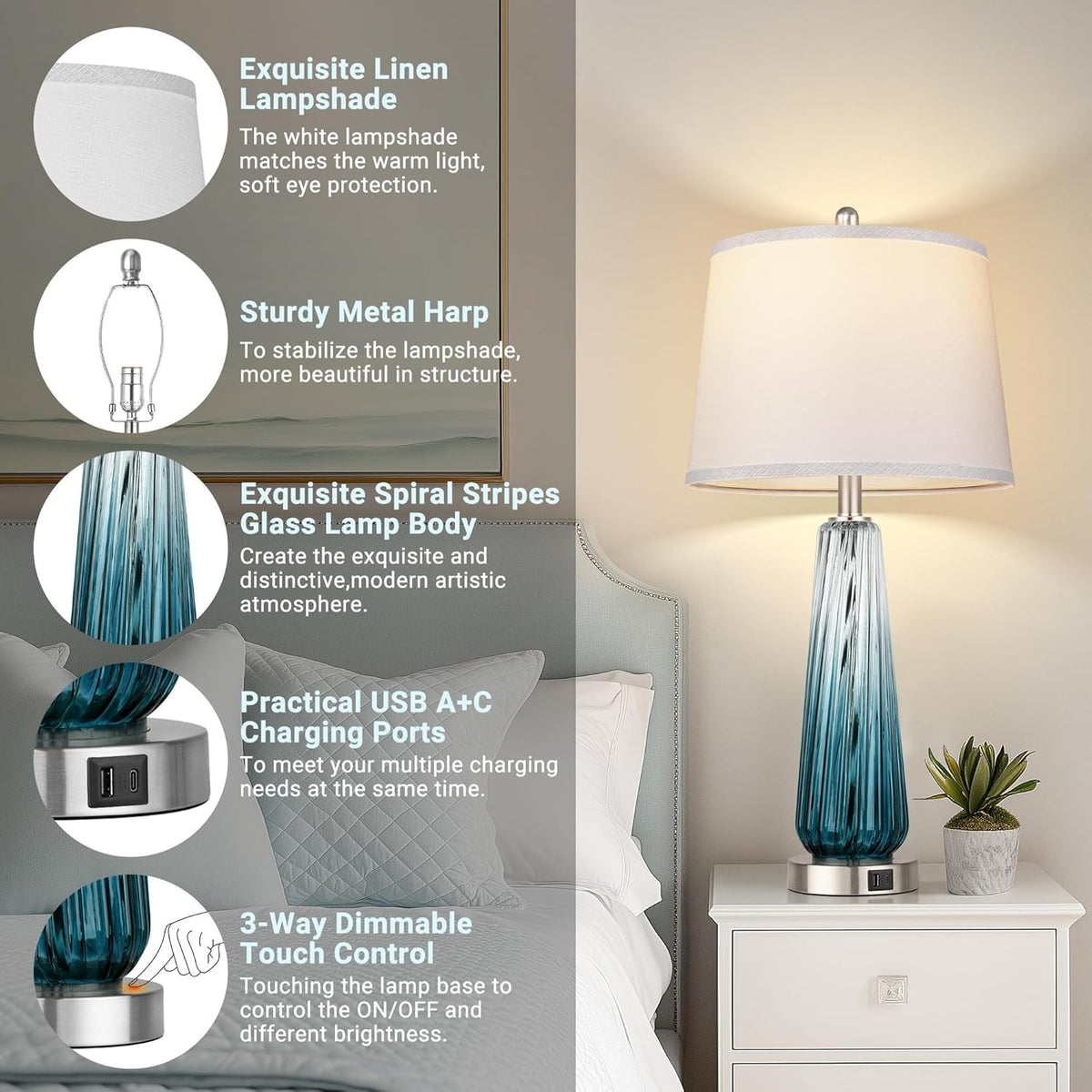 Modern Touch Nightstand Lamps Dimmable USB Charging
