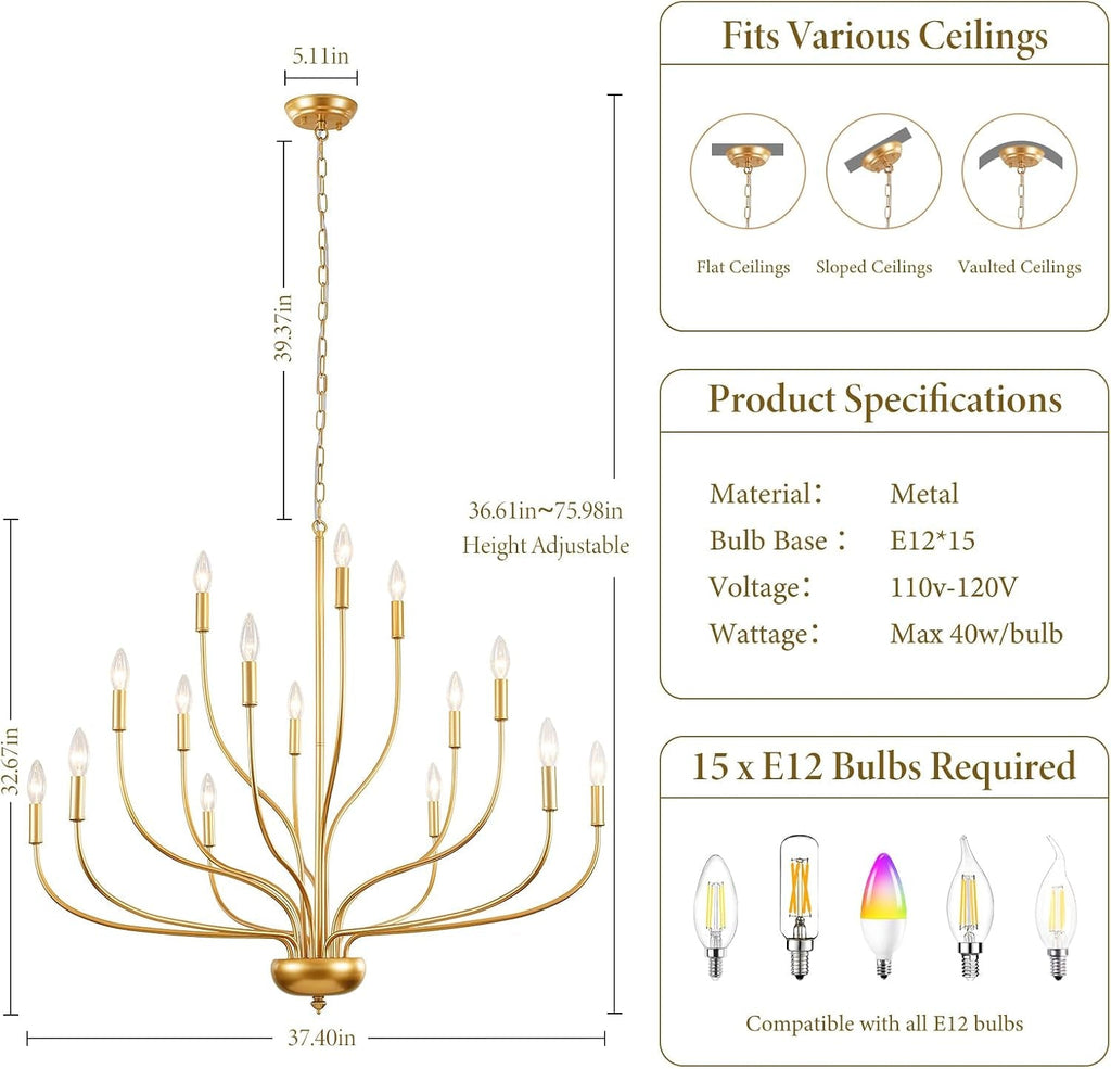 Modern Farmhouse Brass Gold Candle Style Chandelier