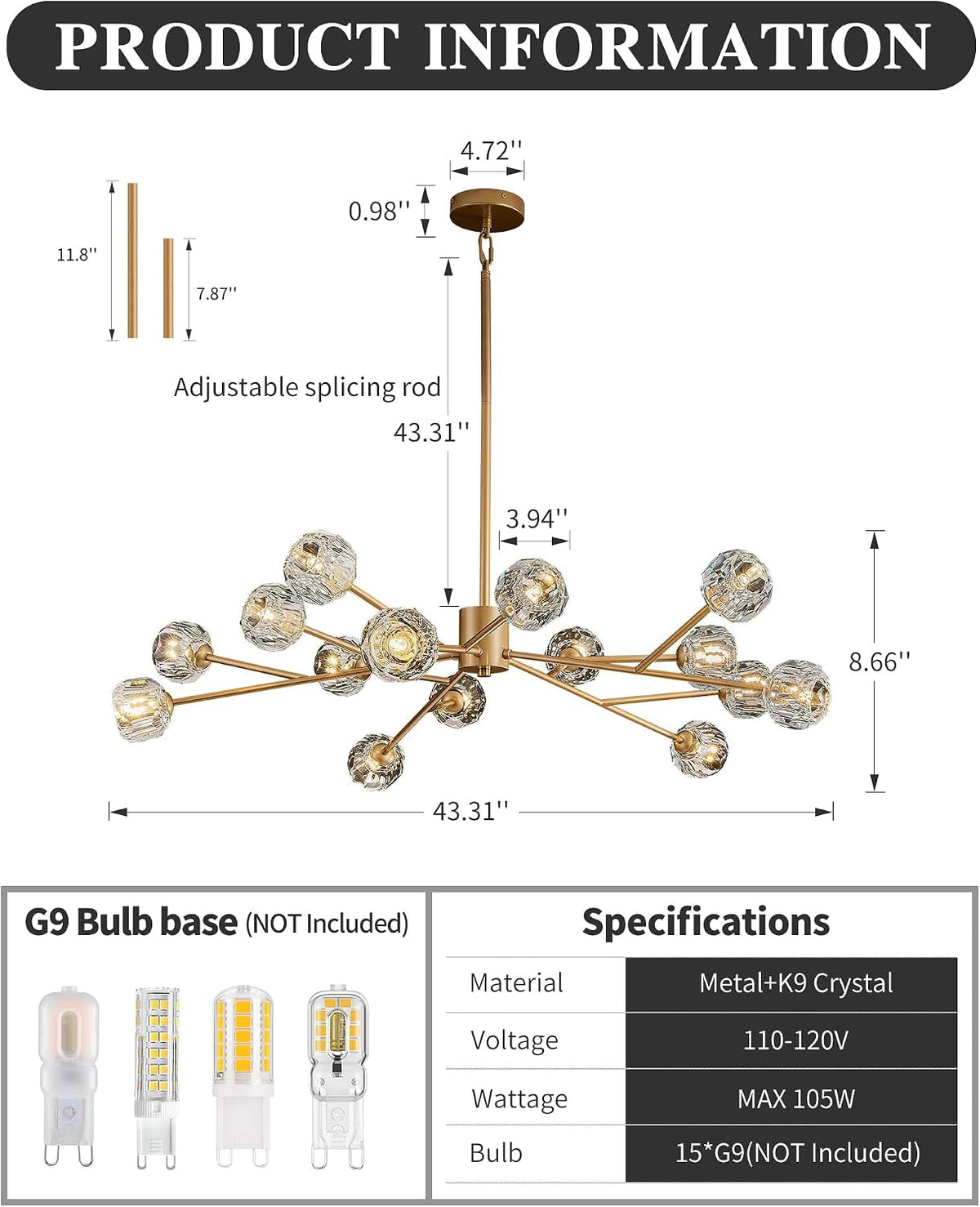 Modern Gold Crystal Sputnik Chandelier Dining Room