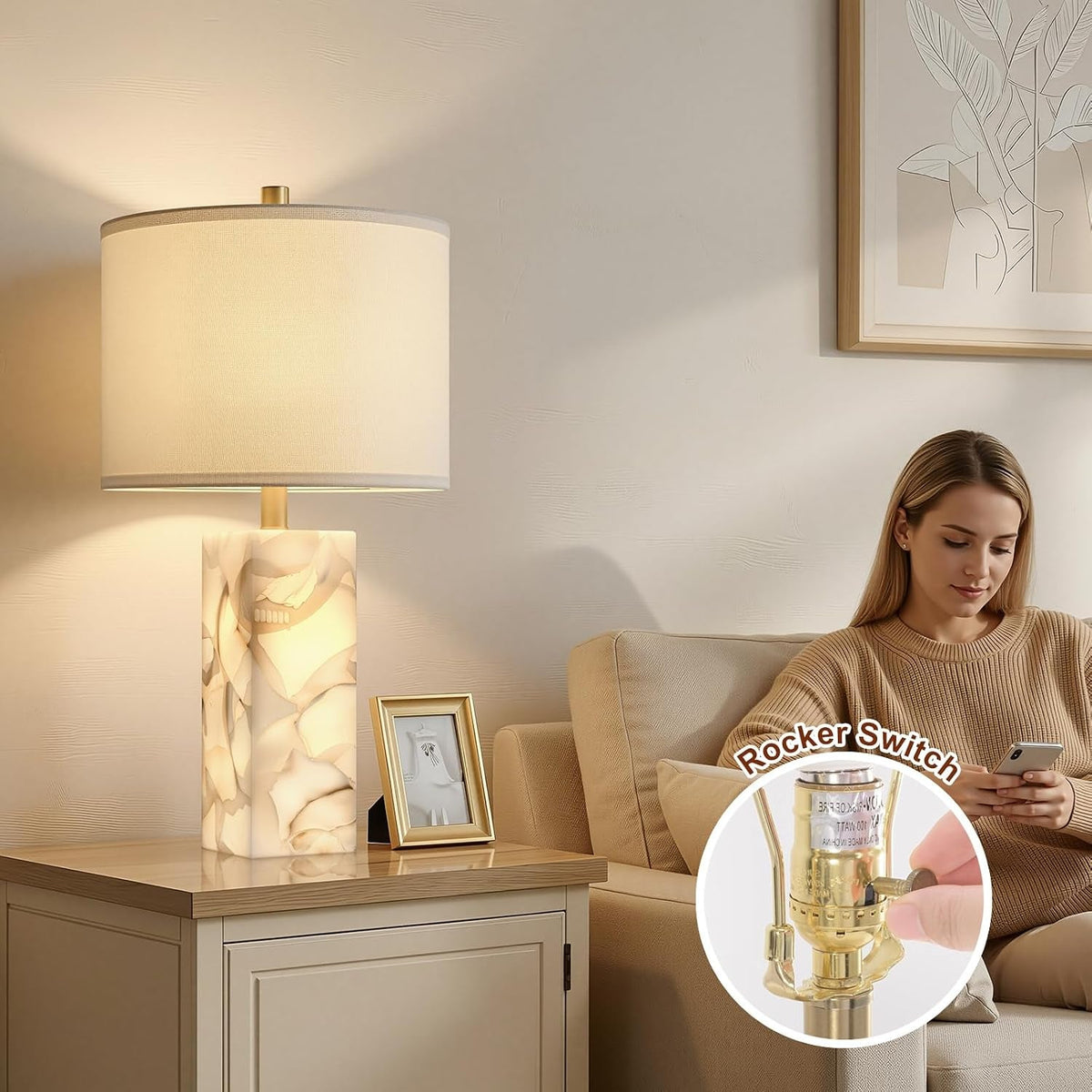23-Inch White Alabaster Table Lamps with Nightlight — Set of 2