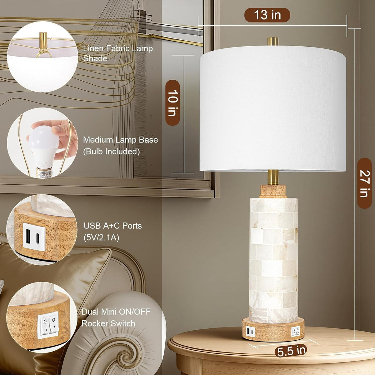 27-Inch Alabaster & Wood Table Lamps with Nightlight — Set of 2