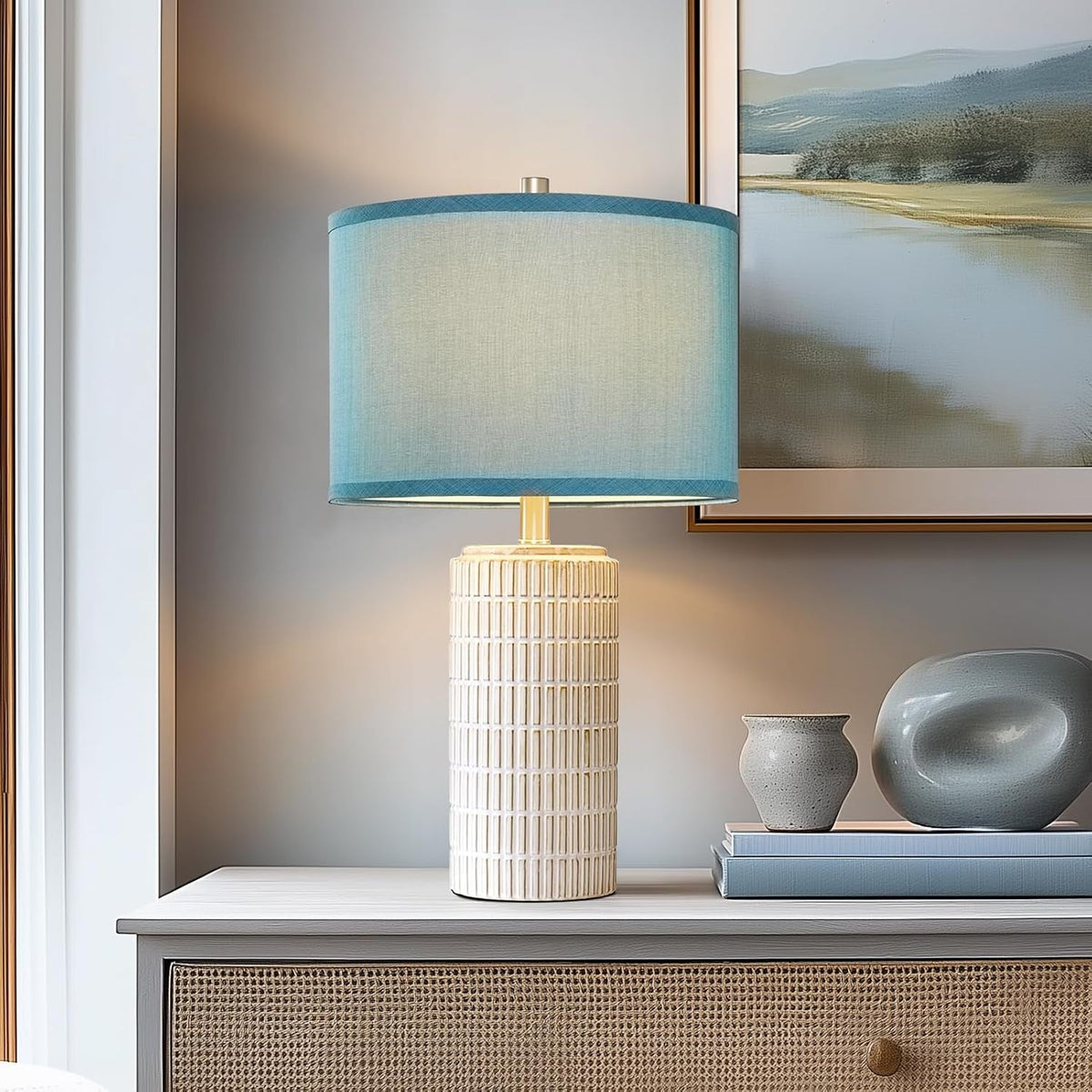 23 Inch Contemporary Blue Ceramic Nightstand Lamps