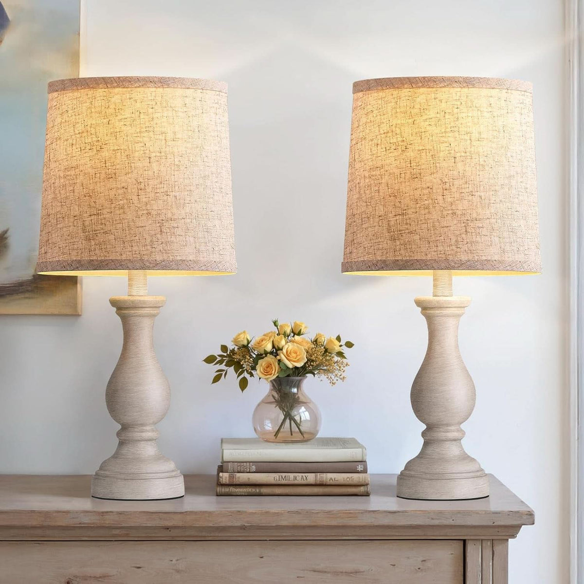 22-Inch Rustic Farmhouse Table Lamps with Linen Shades — Set of 2