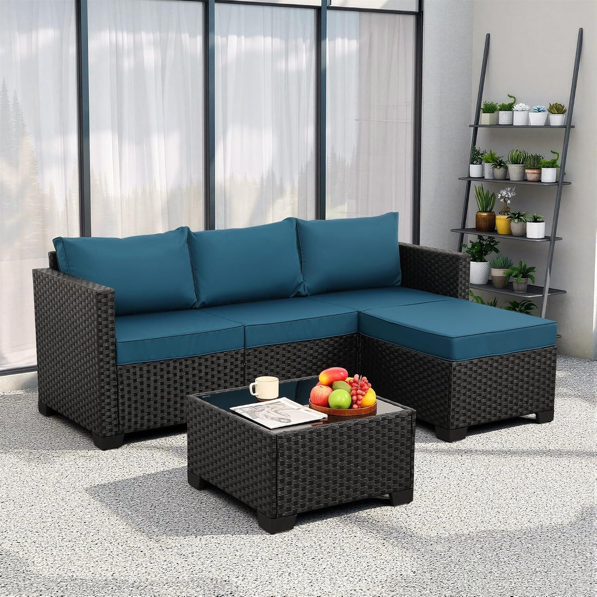 Outdoor Wicker Furniture Set Peacock Blue Cushions