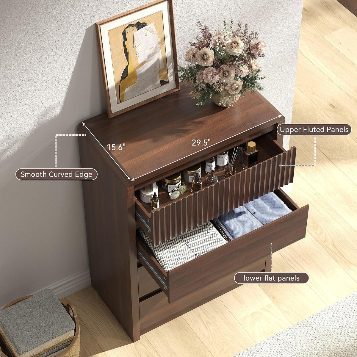 Walnut Fluted Four Drawer Bedroom Furniture Dresser