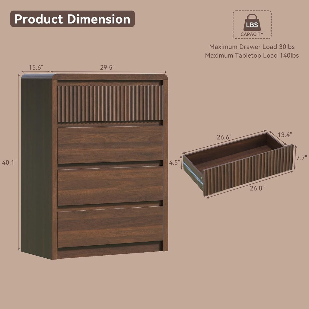 Walnut Fluted Four Drawer Bedroom Furniture Dresser