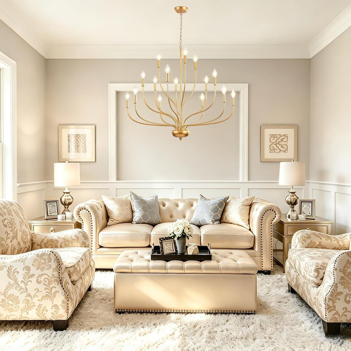 Modern Farmhouse Brass Gold Candle Style Chandelier