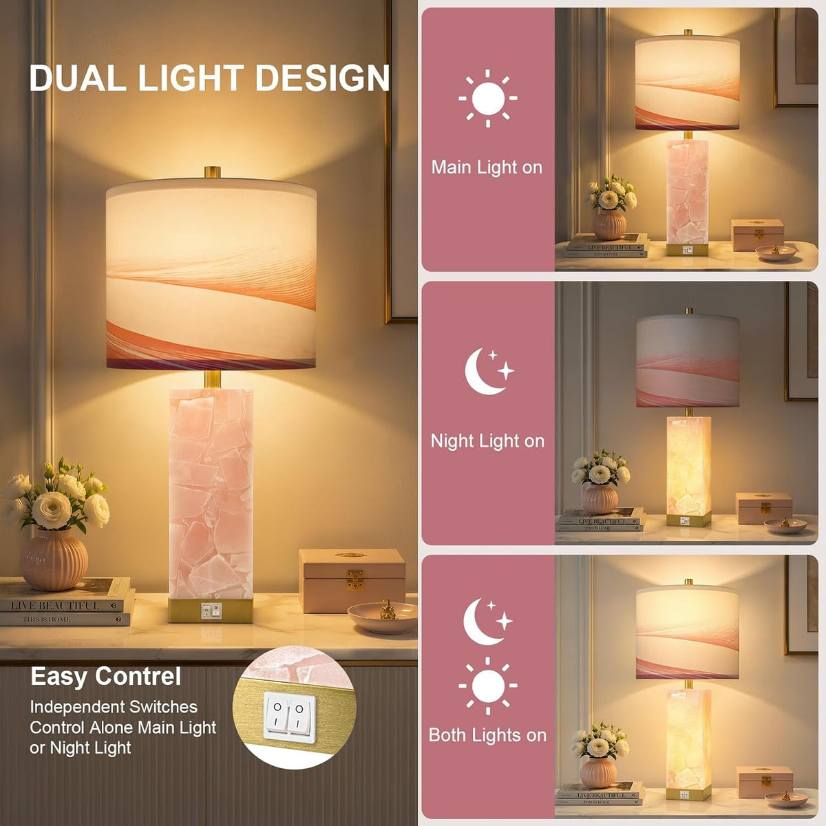 Pink Alabaster Table Lamps Pair With Nightlight
